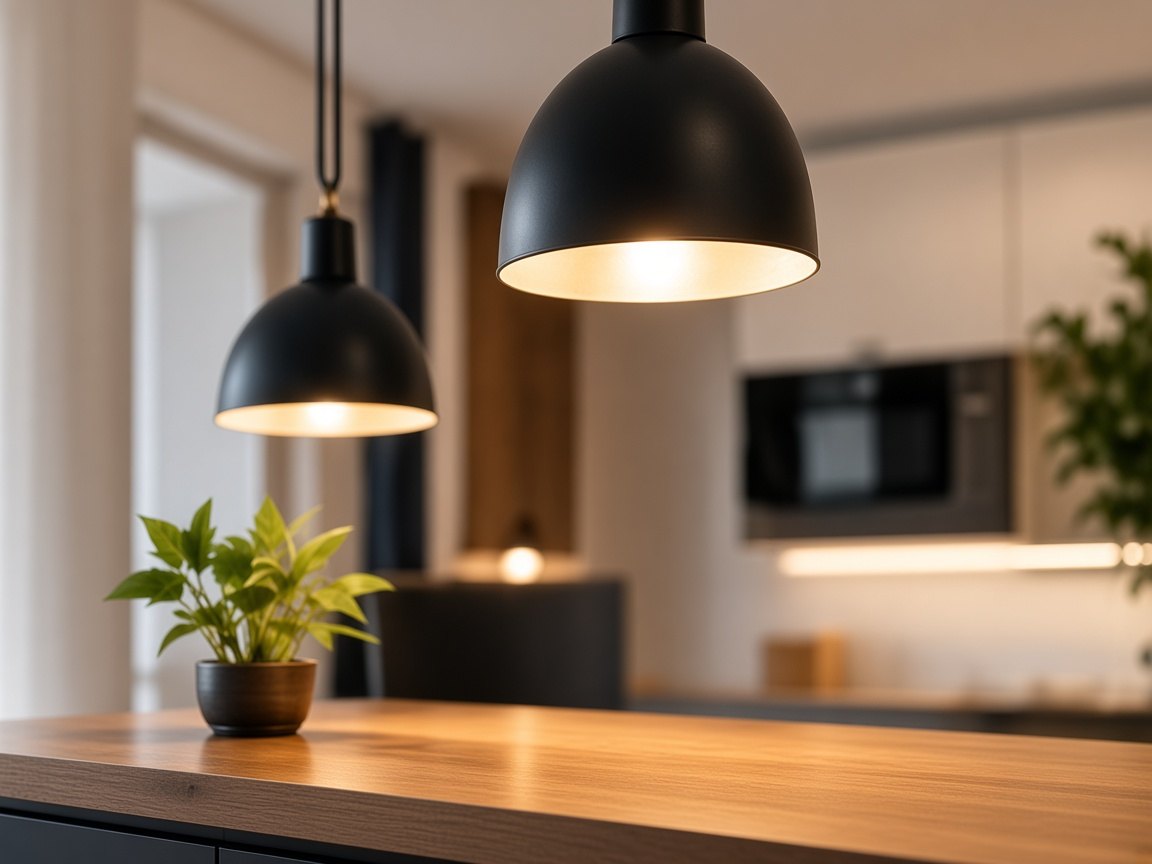 Modern konyha függőlámpákkal és fa burkolattal